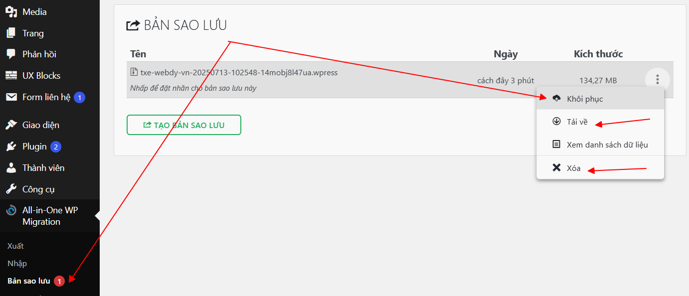 Hướng dẫn Backup và Restore cho website WordPress sử dụng plugin All-in-One WP Migration